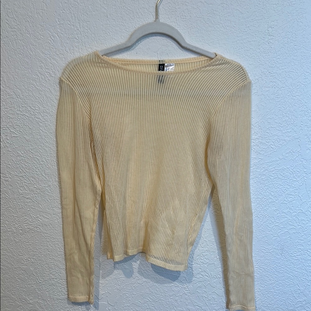 H&M Cream Ribbed Fitted Long Sleeve Blouse